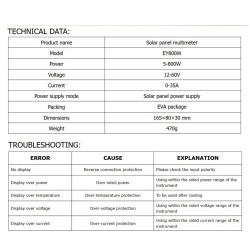 Solar Panel Multimeter ELEJOY EY800W Voltage 12-60V Max Power 800W